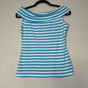 Y2K Blue & White Striped Off The Shoulder Top Fitted | Summer, Coastal, 2000’s